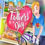 Un tată și o fetiță zâmbitoare cu un balon în formă de inimă, cu textul Baby Hazel Fathers Day pe fundal