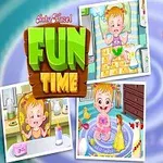 Imaginea prezintă un desen animat cu un copil zâmbitor și mai multe imagini mici ilustrând activități cotidiene, alături de textul Fun Time în culori vii