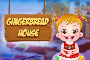 Fetiță zâmbitoare cu părul prins în două codițe, purtând rochie roșie, lângă un semn pe care scrie Gingerbread House, cu un fundal colorat și neclar