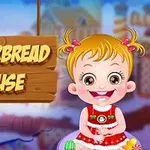 Fetiță zâmbitoare cu părul prins în două codițe, purtând rochie roșie, lângă un semn pe care scrie Gingerbread House, cu un fundal colorat și neclar