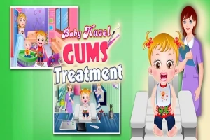 Copil mic pe un scaun de dentist cu asistentă în fundal și text colorat Gums Treatment într-un cadru verde