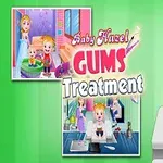 Copil mic pe un scaun de dentist cu asistentă în fundal și text colorat Gums Treatment într-un cadru verde