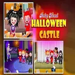 Copil zâmbitor cu coarne și costum de Halloween, alături de imagini mici cu personaje și activități tematice pentru Halloween