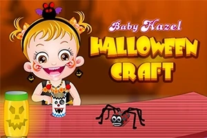 O fetiță zâmbitoare cu părul blond ține un pahar decorat cu motive de Halloween, având lângă ea un păianjen și un felinar sculptat, pe un fundal portocaliu cu text viu colorat