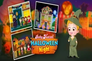 Copil îmbrăcat în costum de vrăjitoare stă lângă trei imagini mici cu temă de Halloween și text colorat Baby Hazel Halloween Night pe fundal festiv