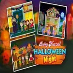 Copil îmbrăcat în costum de vrăjitoare stă lângă trei imagini mici cu temă de Halloween și text colorat Baby Hazel Halloween Night pe fundal festiv