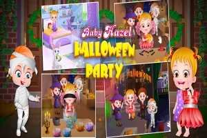 Colaj de imagini colorate cu copii îmbrăcați în costume de Halloween, lângă textul Baby Hazel Halloween Party