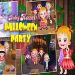 Colaj de imagini colorate cu copii îmbrăcați în costume de Halloween, lângă textul Baby Hazel Halloween Party