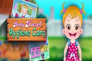 Un copil zâmbitor cu păr blond legat în două codițe, alături de titlul Baby Hazel Hygiene Care și imagini mai mici de fundal cu scene colorate