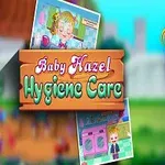 Un copil zâmbitor cu păr blond legat în două codițe, alături de titlul Baby Hazel Hygiene Care și imagini mai mici de fundal cu scene colorate