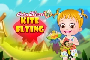 Fetiță zâmbitoare cu păr blond ținând un zmeu colorat într-un peisaj de fundal luminos cu text Kite Flying