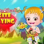 Fetiță zâmbitoare cu păr blond ținând un zmeu colorat într-un peisaj de fundal luminos cu text Kite Flying
