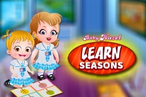 Două fetițe în uniforme școlare stau în fața unui panou colorat, lângă textul Learn Seasons