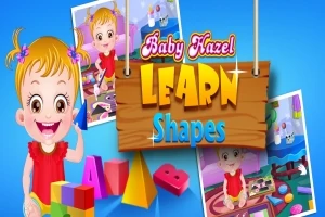 Copil cu păr blond, purtând roșu, se joacă cu forme geometrice lângă un semn pe care scrie Learn Shapes