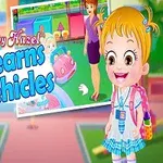 Fetiță zâmbitoare în uniformă școlară albastră, cu imagini mici ale unor activități educative în fundal