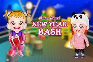 Două personaje copii zâmbind pe un fundal festiv de Anul Nou, unul ținând un cadou, iar textul „New Year Bash” este plasat între ele