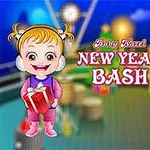 Două personaje copii zâmbind pe un fundal festiv de Anul Nou, unul ținând un cadou, iar textul „New Year Bash” este plasat între ele