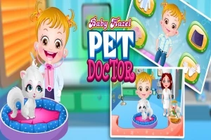 Fată animată cu păr blond și zâmbet larg, îmbrăcată în haină de medic, alături de un pisoi alb într-un pat albastru și două imagini mici care arată scene cu animale
