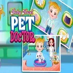 Fată animată cu păr blond și zâmbet larg, îmbrăcată în haină de medic, alături de un pisoi alb într-un pat albastru și două imagini mici care arată scene cu animale