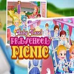 Copilă cu păr blond, îmbrăcată în uniformă școlară, alături de imagini suprapuse cu copii în autobuz și la picnic, cu un titlu colorat în mijloc