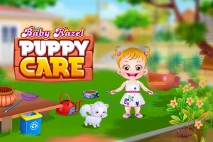 O fetiță zâmbitoare alături de un cățeluș alb într-o grădină, cu obiecte de joacă și un fundal verde, alături de textul Baby Hazel Puppy Care