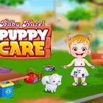 O fetiță zâmbitoare alături de un cățeluș alb într-o grădină, cu obiecte de joacă și un fundal verde, alături de textul Baby Hazel Puppy Care
