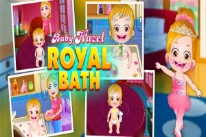Colaj cu un copil într-o baie decorată luxos, purtând o tiară și rochie roz, însoțit de textul Royal Bath