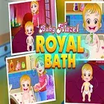 Colaj cu un copil într-o baie decorată luxos, purtând o tiară și rochie roz, însoțit de textul Royal Bath