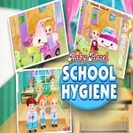 Un copil zâmbitor într-o clasă colorată, cu imagini suplimentare care ilustrează activități școlare și de igienă