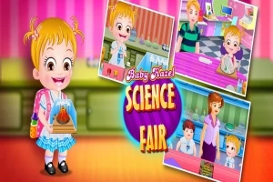 Fetiță blondă în uniformă școlară prezentând un proiect la un târg de știință, cu imagini suplimentare pe fundal colorat