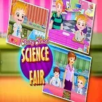 Fetiță blondă în uniformă școlară prezentând un proiect la un târg de știință, cu imagini suplimentare pe fundal colorat