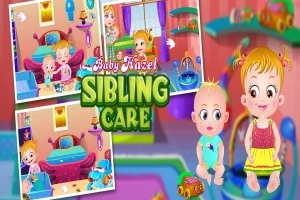Bebeluși jucându-se într-o cameră colorată, însoțiți de textul Sibling Care