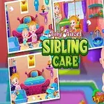 Bebeluși jucându-se într-o cameră colorată, însoțiți de textul Sibling Care