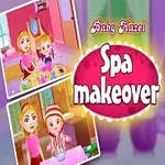Copilă blondă în rochie roz alături de imagini cu activități într-un salon de spa și text Spa makeover