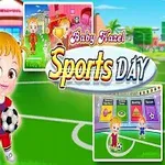 Copii pe un teren de sport cu mingi de fotbal, înconjurați de imagini cu activități sportive și textul Sports Day