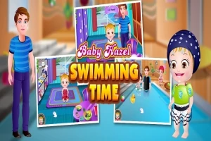 Copil animat lângă o piscină, îmbrăcat în costum de baie, cu titlul Baby Hazel Swimming Time și scene din activități de înot