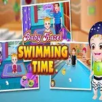 Copil animat lângă o piscină, îmbrăcat în costum de baie, cu titlul Baby Hazel Swimming Time și scene din activități de înot