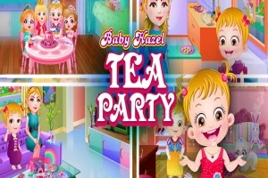 Fetiță blondă zâmbitoare la o petrecere de ceai, cu imagini mici ce ilustrează diverse momente ale petrecerii și textul TEA PARTY