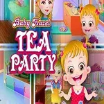 Fetiță blondă zâmbitoare la o petrecere de ceai, cu imagini mici ce ilustrează diverse momente ale petrecerii și textul TEA PARTY