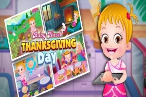 Fetiță zâmbitoare în bucătărie ținând o tavă, cu colaj de imagini și text colorat Thanksgiving Day