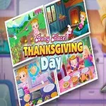 Fetiță zâmbitoare în bucătărie ținând o tavă, cu colaj de imagini și text colorat Thanksgiving Day