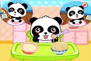 Panda adorabil la masă, cu farfurii de mâncare colorate și două ferestre de dialog care arată expresii diferite