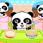 Panda adorabil la masă, cu farfurii de mâncare colorate și două ferestre de dialog care arată expresii diferite