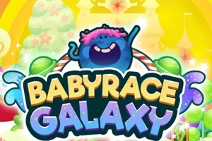 Un personaj albastru zâmbitor cu păr roz, înconjurat de o atmosferă colorată, ținând în mână textul BabyRace Galaxy