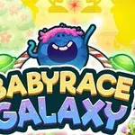 Un personaj albastru zâmbitor cu păr roz, înconjurat de o atmosferă colorată, ținând în mână textul BabyRace Galaxy