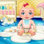 Bebeluș stând pe un covor în formă de floare într-o cameră decorată cu un pătuț, jucării și un biberon