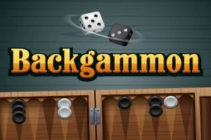 Două zaruri alb-negre și textul Backgammon deasupra unui tabel cu piese alb-negre
