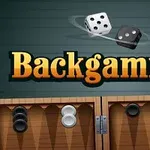 Două zaruri alb-negre și textul Backgammon deasupra unui tabel cu piese alb-negre