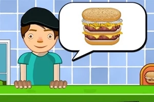 Personaj animat poartă o șapcă neagră și tricou verde, vorbind despre un burger stratificat, reprezentat într-un balon de dialog
