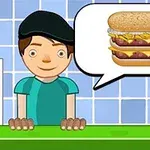 Personaj animat poartă o șapcă neagră și tricou verde, vorbind despre un burger stratificat, reprezentat într-un balon de dialog